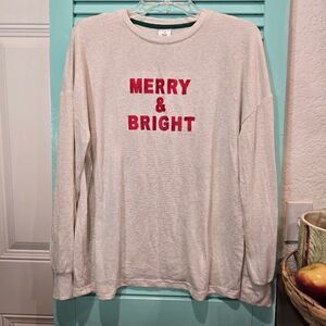 Long Sleeve Sleep Shirt with Red 'Merry & Bright' Text